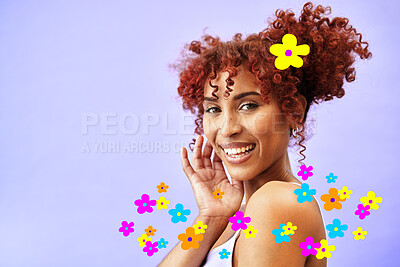 Buy stock photo Beauty, hologram and portrait of woman with flowers for wellness, skincare and facial in studio. Dermatology, mockup space and face of person on purple background with overlay for cosmetics or makeup