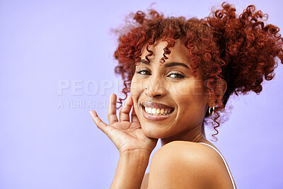 Buy stock photo Smile, face and portrait of woman with aesthetic style, beauty and hair isolated in a studio purple background. Hairstyle, makeup and happy young person with luxury, care and cosmetic for skincare