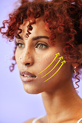 Buy stock photo Studio face, plastic surgery lines and woman with dermatology cosmetics, silicone aesthetic change and beauty treatment. Grid, salon filler arrow and client facial transformation on purple background