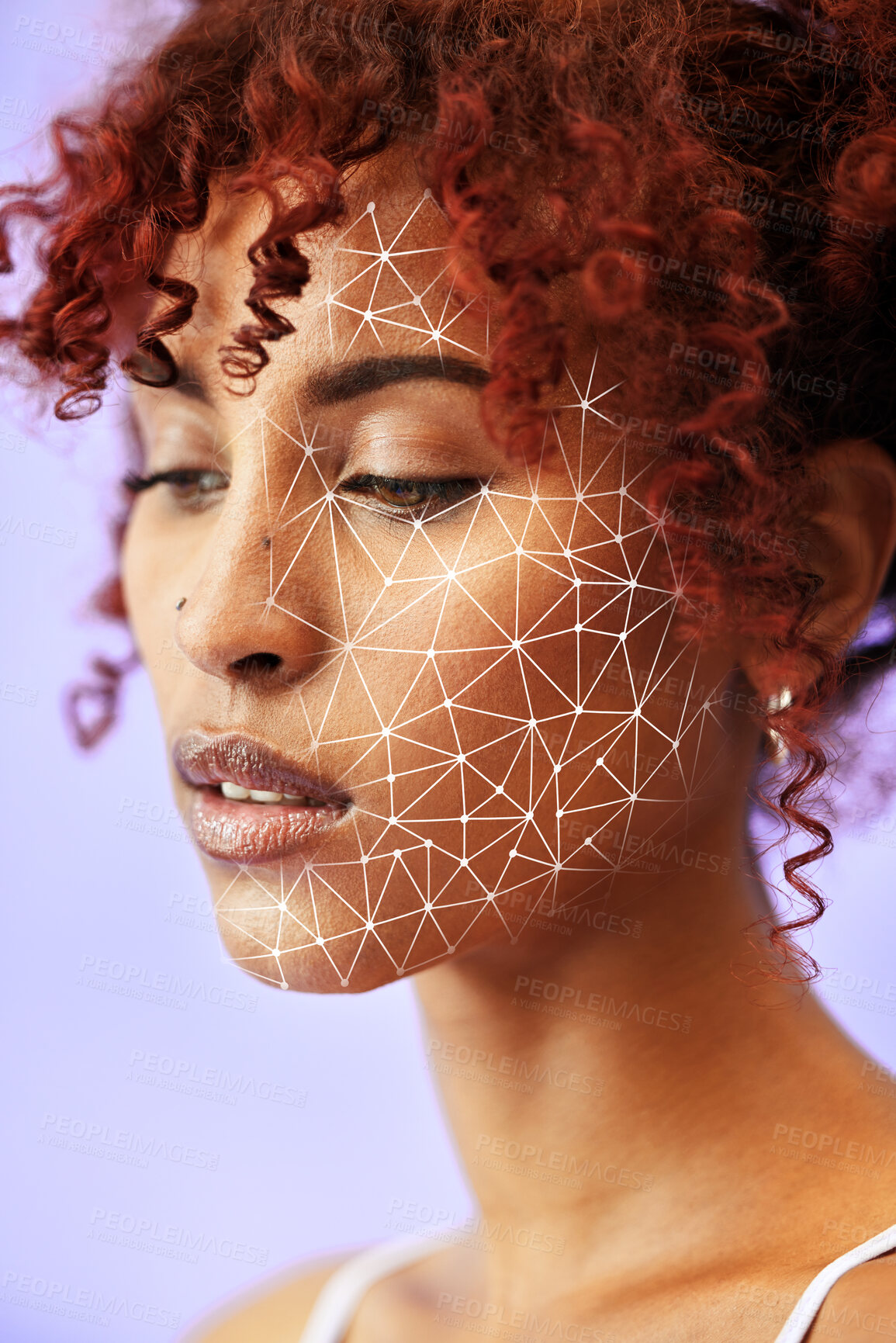 Buy stock photo Skincare, facial recognition and grid for beauty with a woman on a purple background in studio. Face, future and innovation with a young model digital scanning her skin for change or transformation