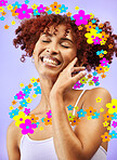 Beauty, hologram and face of woman with flowers for wellness, skincare and facial in studio. Dermatology overlay, spa aesthetic and happy person on purple background for cosmetics, smile and makeup