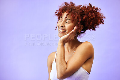 Buy stock photo Happy woman, red hair and natural beauty with smile in studio, curls and dermatology with makeup on purple background. Haircare, cosmetics and mockup space with model from Brazil and curly hairstyle