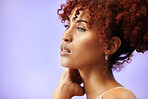 Face, profile and woman, natural beauty and hair with cosmetics and makeup isolated on purple background. Mockup space, wellness and thinking with red curls, skincare and model has glow in a studio