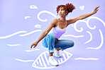 Surfing, waves and woman on board in studio isolated on a purple background overlay. Surfboard, athlete and person exercise, training or sport workout for healthy body, fitness and thinking in summer