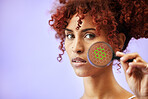 Skin science, portrait and face of woman with magnifying glass for innovation and beauty in studio on purple background. Futuristic. person and overlay with grid for skincare and cosmetology health