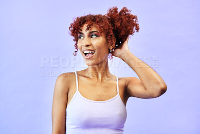 Buy stock photo Woman, red hair and beauty with smile in a studio, curls and dermatology with makeup isolated on purple background.  Haircare, cosmetic care and curly hairstyle with model from Brazil and treatment