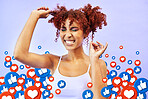 Woman, notification icon overlay and studio with excited smile, traffic or attention on web by purple background. Gen z influencer girl, like and heart emoji for blog, social media or happy with sign