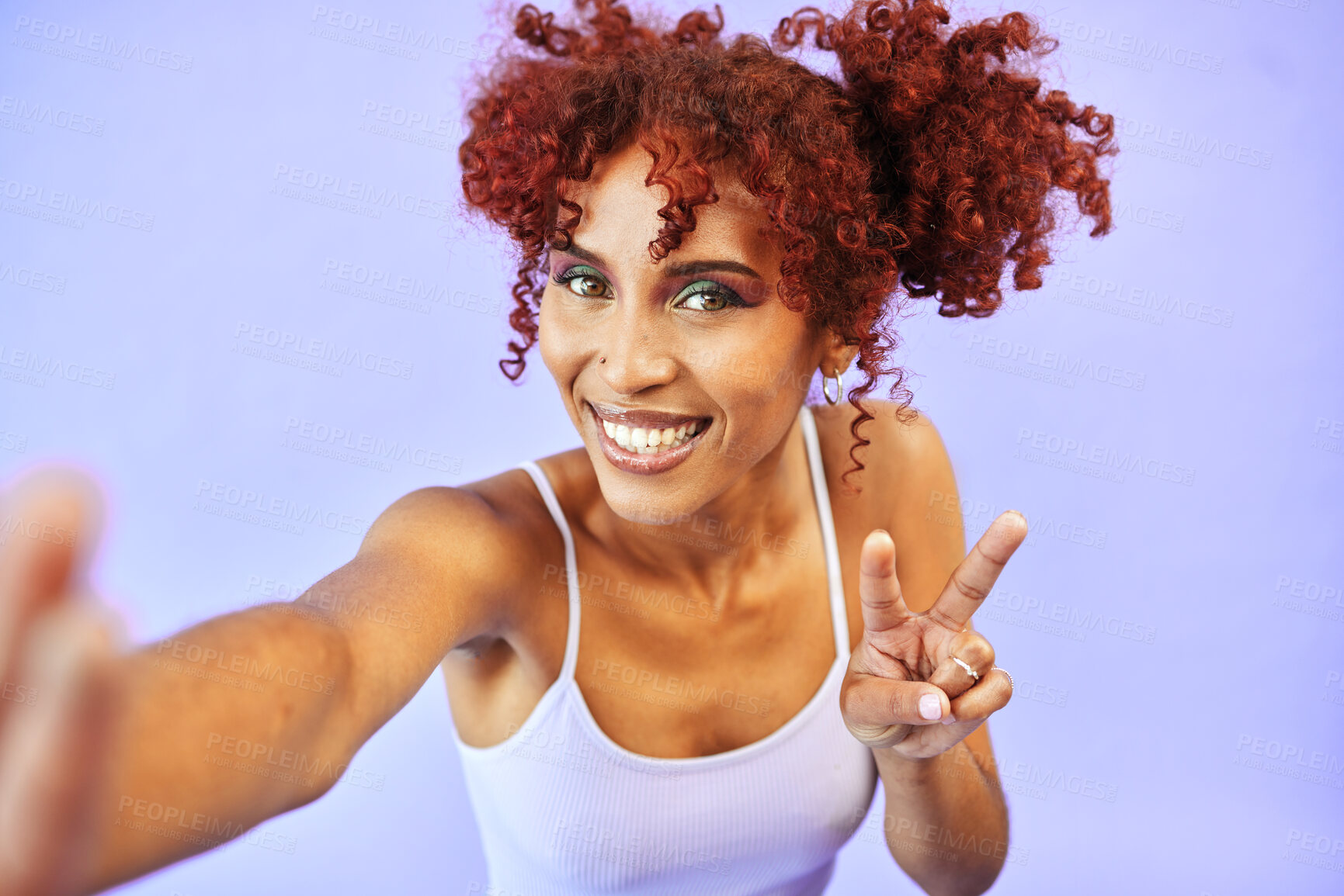 Buy stock photo Selfie, smile and woman with peace sign, support and review on a purple studio background. Portrait, person and model with hand gesture, feedback and icon with symbol, happy and post with promotion