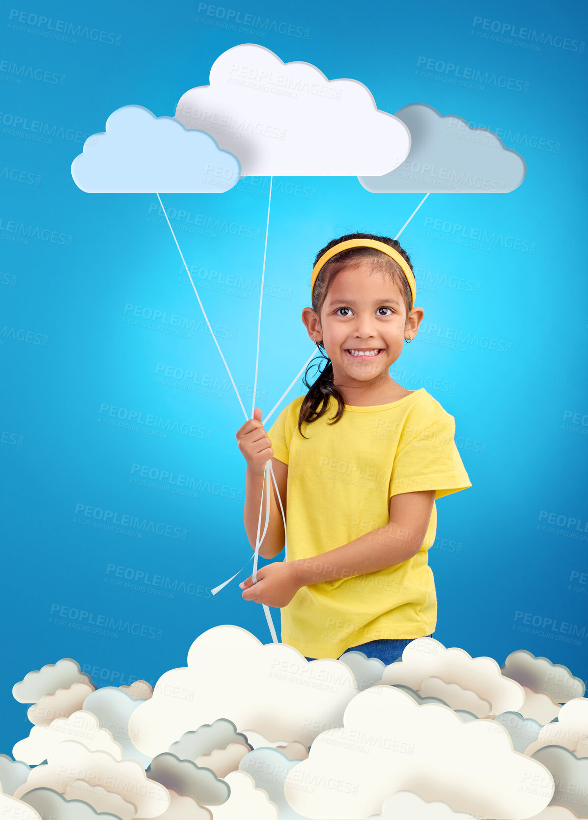 Buy stock photo Creative, portrait and girl child with paper clouds in studio for art, fun or project with mockup on blue background. Kindergarten, poster and face of kid with banner for learning, weather or message