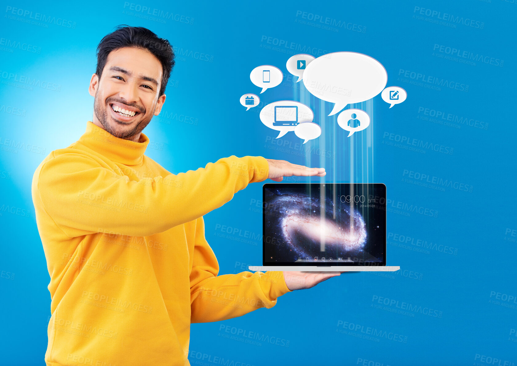 Buy stock photo Laptop, social media icon and portrait of Asian man in studio for internet chat, website or networking. Overlay, computer mockup and person for online communication or connection on blue background