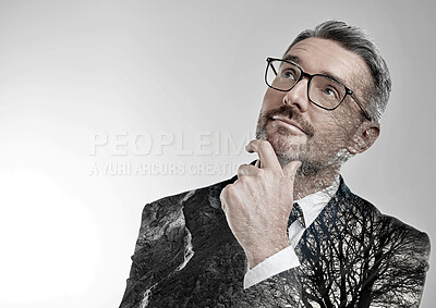 Buy stock photo Businessman, thinking or nature double exposure by white background, space or mockup of eco friendly solution. Mature person, vision or ideas of green business, sustainability or clean energy startup