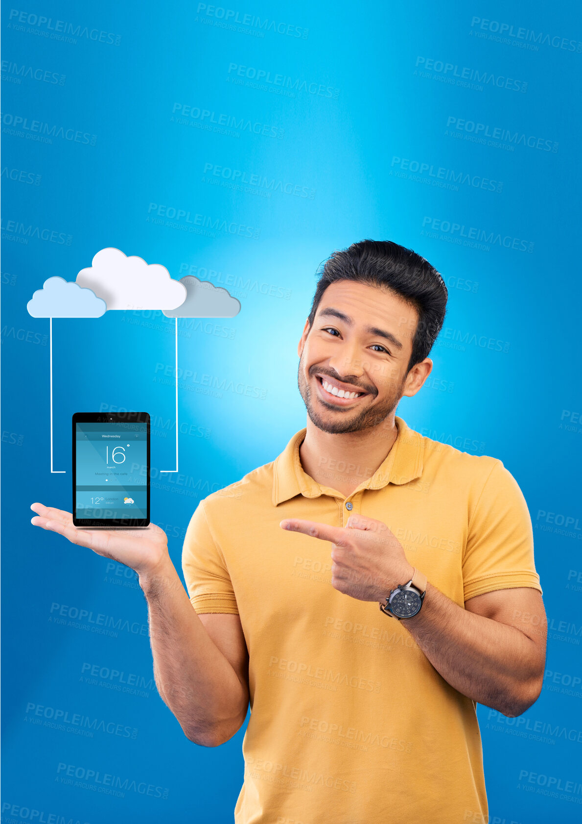 Buy stock photo Cloud computing, happy man and phone for networking, computer system and information technology with smile in studio. Smartphone, person and global internet for big data and digital transformation 