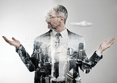 Buy stock photo Businessman, thinking or choice in double exposure city by white background space for eco friendly building solution. Mature person, architecture or decision hands for green business questions or why