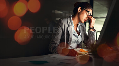 Buy stock photo Business, night and woman with a headache, overlay and overworked with financial audit, tax and pain. Person, employee and worker with a migraine, tired and burnout with stress, dark and frustrated