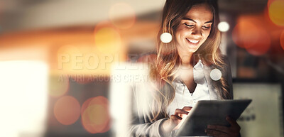 Buy stock photo Mockup space, tablet and business woman at night online for planning, social networking and internet. Working late, banner and happy person on digital tech for research, website and email in office