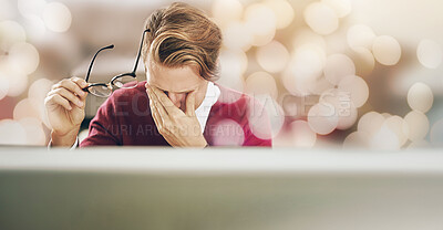 Buy stock photo Business, stress and man with a headache, overlay and burnout with bokeh background. Person, employee and consultant with a migraine, overworked and banner with financial audit, depression and pain