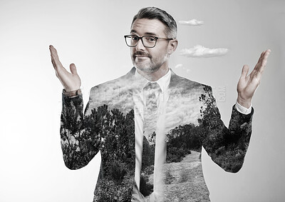 Buy stock photo Double exposure businessman, portrait or confused with solution by white background for eco friendly company. Mature person, doubt or decision hands for green business questions, choice and why shrug