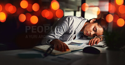 Buy stock photo Business woman, sleep and office in night, tired and bokeh with burnout, stress or deadline for financial report. Accountant, audit and fatigue at desk for proposal, project or rest in dark workplace