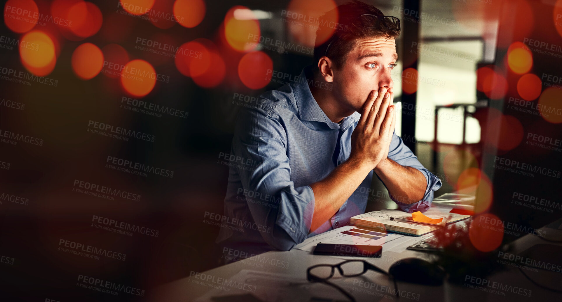 Buy stock photo Business man, stress and computer in night, office and 404 glitch with overtime, deadline and mistake. Software coding, pc error and developer with system fail, bokeh and worry in dark workplace