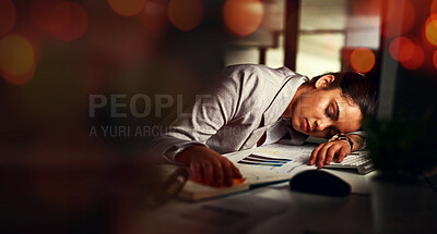 Buy stock photo Business woman, sleep and desk in night, tired and bokeh with burnout, stress and deadline in modern office. Accountant, audit and fatigue at desk for proposal, project or rest in dark workplace