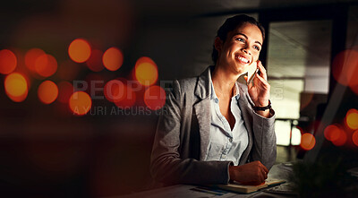 Buy stock photo Business woman, phone call and networking at night with bokeh lighting and computer work. Deadline, smile and mobile communication with worker conversation and data for project and mockup up space