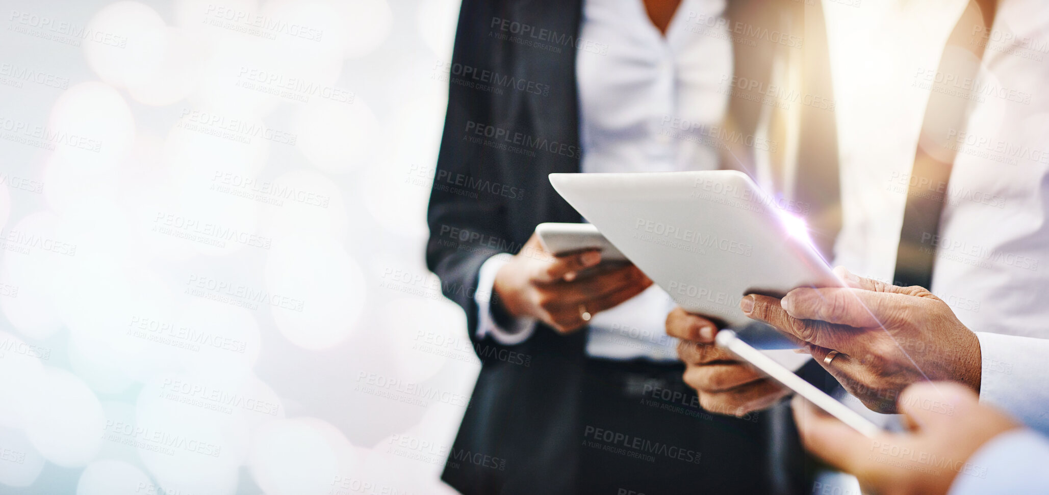 Buy stock photo Mockup, tablet and hands of business people in office online for planning, social networking and internet. Banner space, teamwork and worker on technology for research, website and email for contact