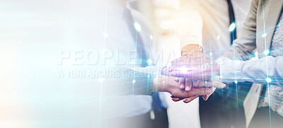 Buy stock photo Double exposure, collaboration and stack of hands of business people for support, mission and growth. Teamwork, mockup and workers with hologram for partnership, diversity and company goals in office