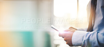 Buy stock photo Mockup, phone and hands of business person online for connection, social media and internet chat. Banner space, communication and worker typing on smartphone for research, website and email in office