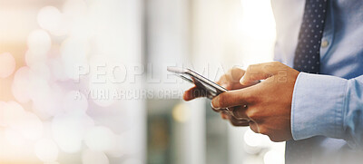 Buy stock photo Mockup, smartphone and hands of business person online for connection, social media and internet chat. Banner space, communication and worker typing on phone for research, website and email in office