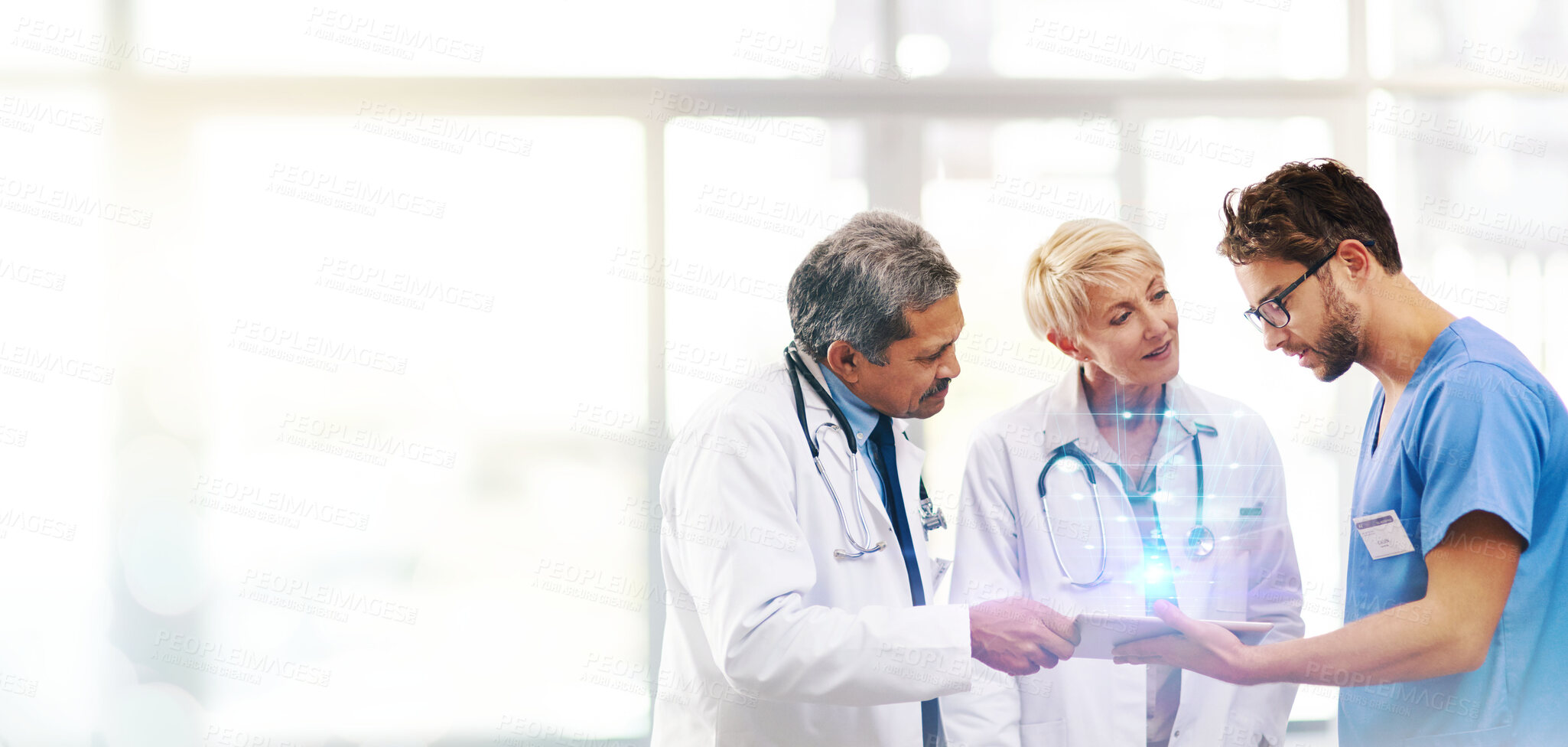 Buy stock photo Team, doctors and tablet with hologram and tech, healthcare and innovation for digital transformation. Medical research partnership, overlay and mockup space, people at hospital and futuristic health