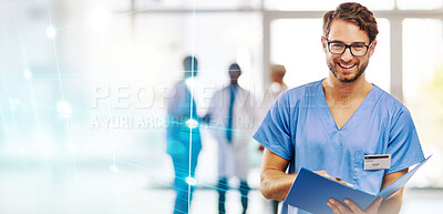 Buy stock photo Doctor, man and hologram, health insurance and innovation in portrait with paperwork and overlay. Digital transformation, folder and healthcare with medical research, mockup space and future 