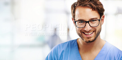 Doctor, man and portrait with smile for healthcare, surgeon at hospital with mockup space. Banner, medical profession and happy in medicine with headshot, career in surgery and service with expert
