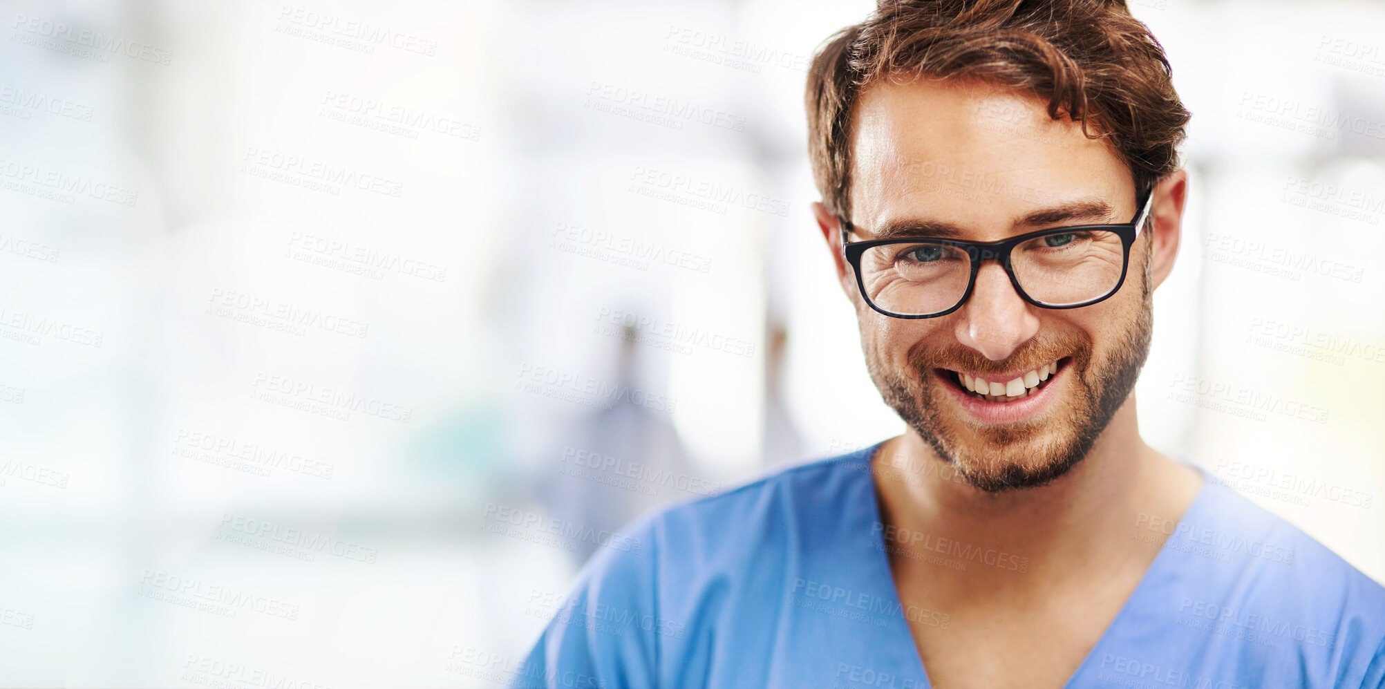 Buy stock photo Doctor, man and portrait with smile for healthcare, surgeon at hospital with mockup space. Banner, medical profession and happy in medicine with headshot, career in surgery and service with expert