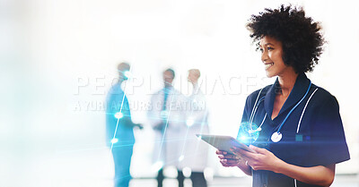 Buy stock photo Black woman, tablet and 3D world, doctor in hospital with digital transformation and tech innovation for health. Mockup space, hologram and global healthcare development overlay, future and cyber