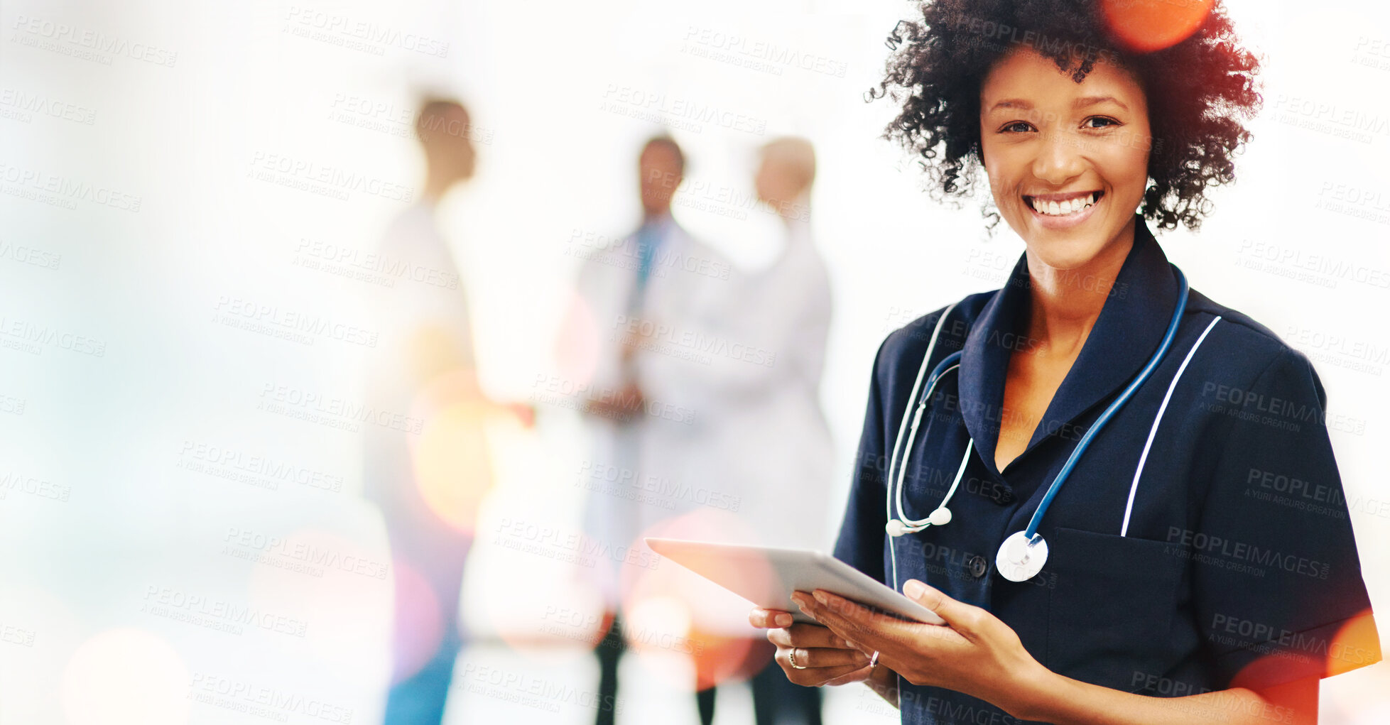 Buy stock photo Portrait, black woman and doctor with a tablet, smile and bokeh with mockup, connection and typing. Face, African person or medical professional with technology, telehealth and research with internet