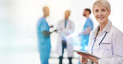 Senior woman, doctor and tablet with digital transformation in portrait, healthcare and tech innovation. Medical research, overlay and mockup space, online hospital system and futuristic health