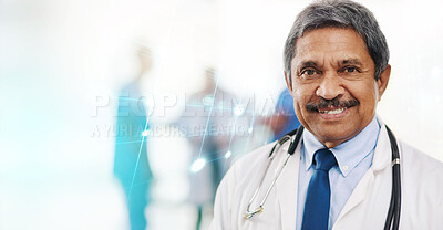Healthcare, portrait and senior man doctor at hospital with overlay for medical, help or care with a smile. Happy, face and elderly male health expert at clinic for consultation, advice or treatment