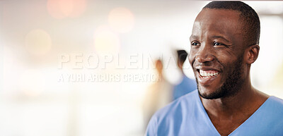 Buy stock photo Black man, doctor and thinking in clinic with space for mockup, healthcare and wellness with bokeh. Happy African medic, ideas and pride for job in hospital, surgery and nursing for health in Kenya