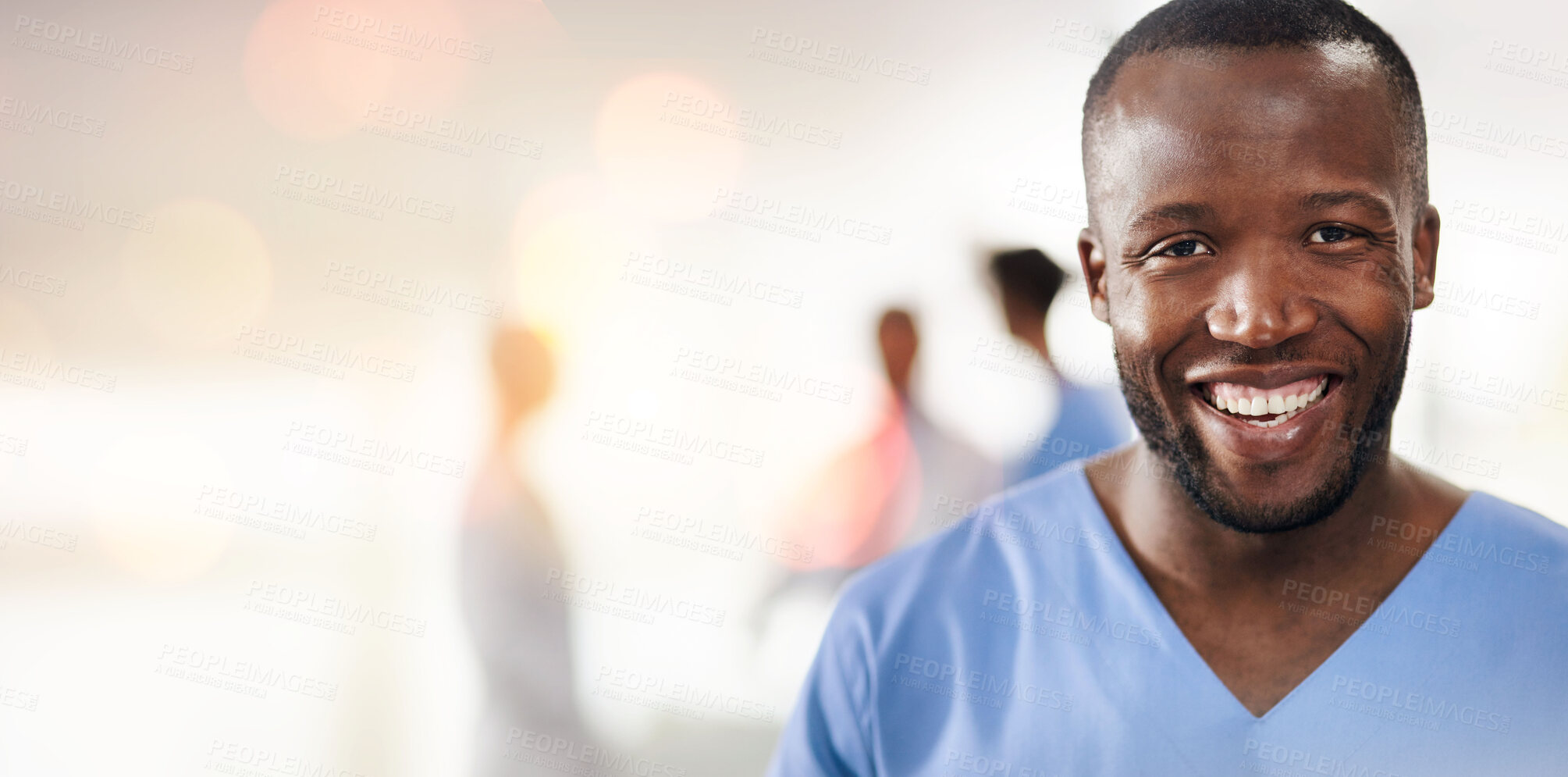 Buy stock photo Black man, doctor and portrait in clinic with space for mockup, healthcare and wellness with bokeh. Happy African medic, excited and pride for job in hospital, surgery and nursing for health in Kenya