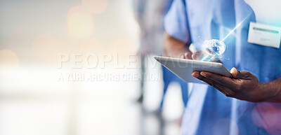 Buy stock photo Hands, doctor and tablet with world hologram, healthcare and person with tech innovation for digital transformation. Medical research, overlay and mockup space, hospital and global futuristic health