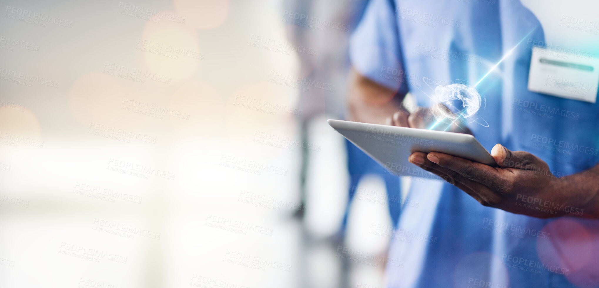 Buy stock photo Hands, doctor and tablet with world hologram, healthcare and person with tech innovation for digital transformation. Medical research, overlay and mockup space, hospital and global futuristic health