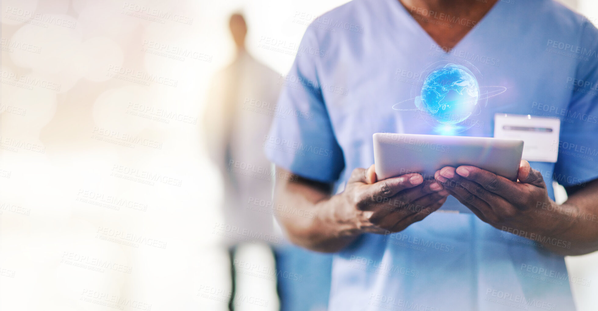 Buy stock photo Hands, doctor and tablet with globe hologram, healthcare and person with tech innovation for digital transformation. Medical research, overlay and mockup space, hospital and global futuristic health