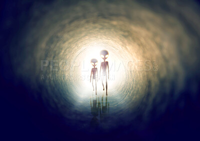 Buy stock photo Universe, portal and invasion with aliens walking in space for an invasion or mission to explore the galaxy. Horror, fantasy or extraterrestrial life with supernatural beings in a tunnel for travel