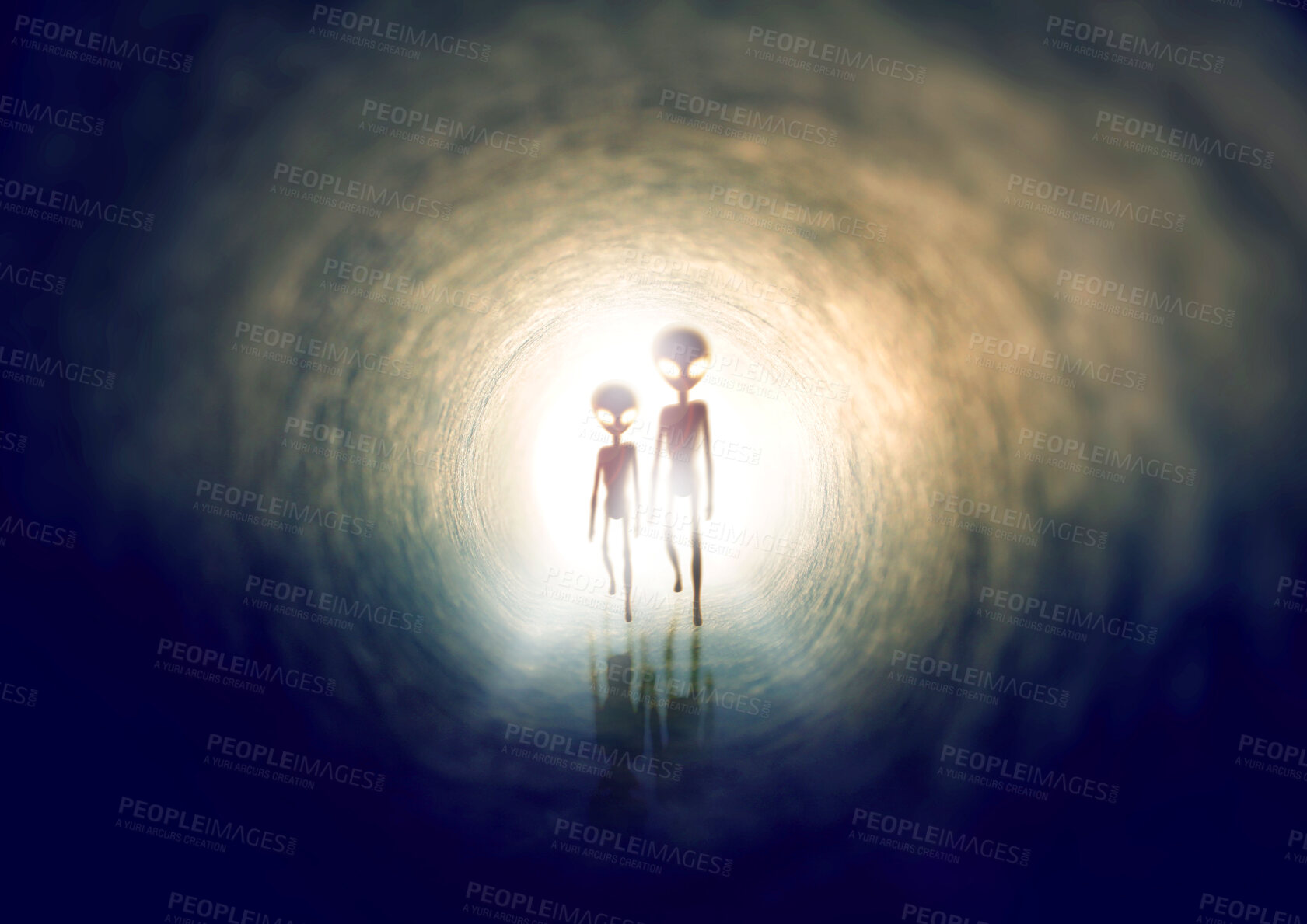 Buy stock photo Universe, portal and invasion with aliens walking in space for an invasion or mission to explore the galaxy. Horror, fantasy or extraterrestrial life with supernatural beings in a tunnel for travel