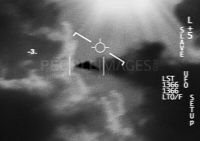 Buy stock photo Satellite image, UFO spaceship and text overlay at night with FBI investigation and evidence. Surveillance, photo and area 51 recording of flying saucer and galaxy survey for mystery object in sky