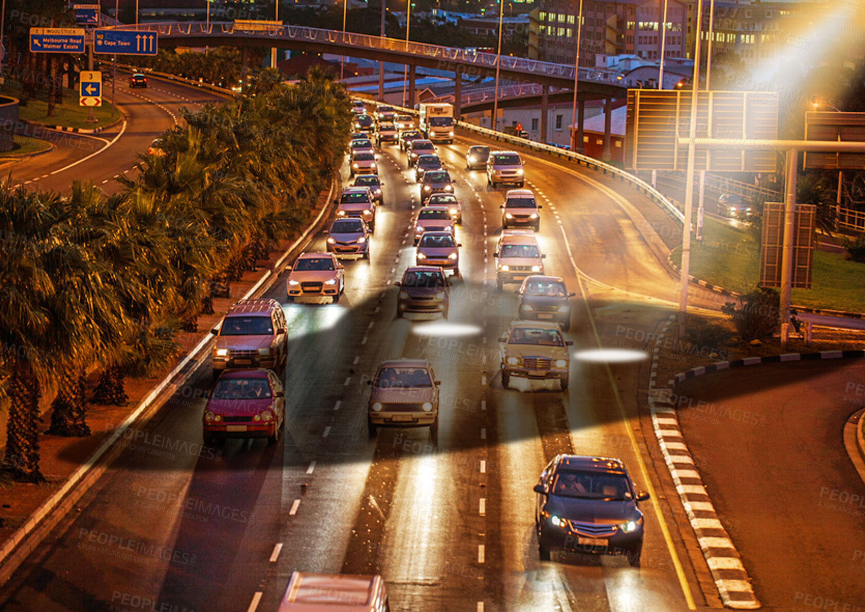 Buy stock photo Ufo, spaceship light and traffic in city at night for alien mission, science fiction and fantasy in sky with surreal glow. Spacecraft, mystery and flying saucer from outer space for discovery