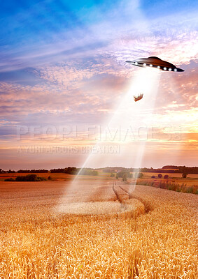 Buy stock photo UFO, farm and field with light, alien invasion and research with cow, abduction or transport. UAP ship, flying saucer and tractor beam in nature, grass or countryside for survey, inspection or flight