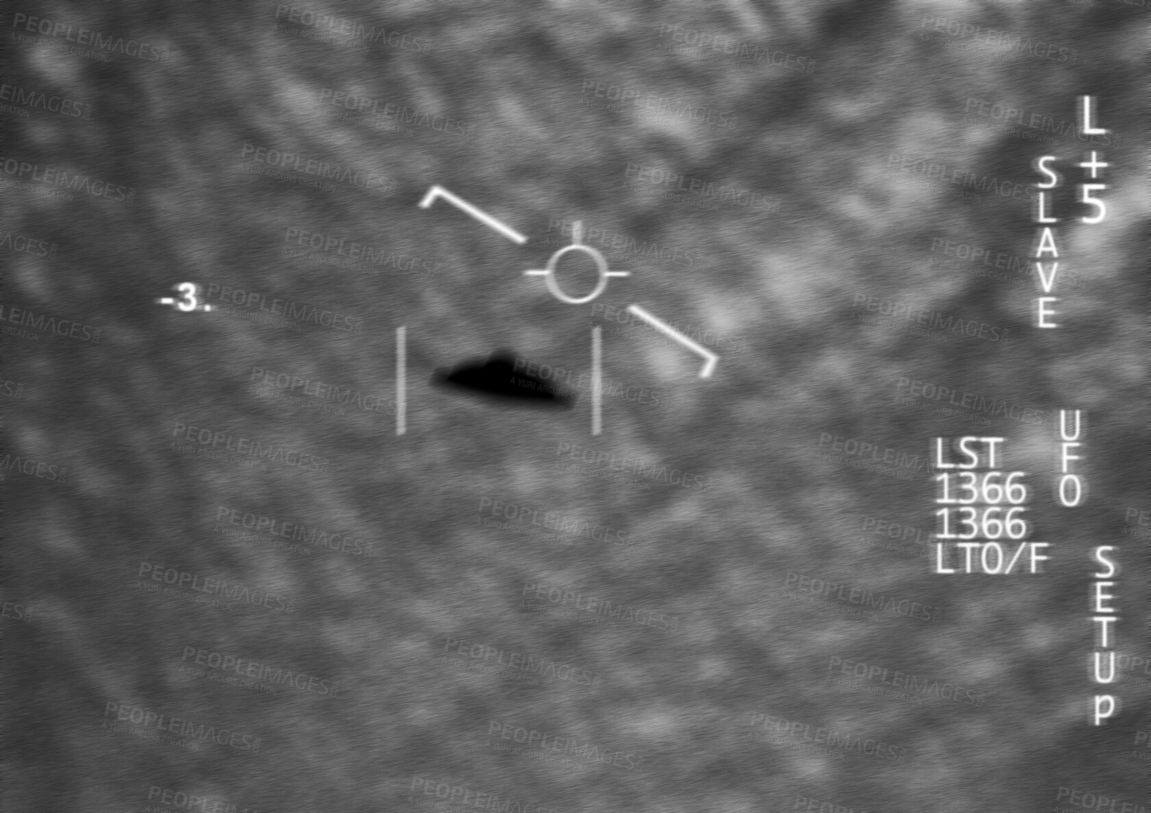 Buy stock photo Satellite image, UFO spaceship and screen at night with FBI investigation and alien evidence. Surveillance, photo and area 51 recording of flying saucer and galaxy survey for mystery object in sky