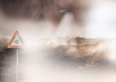 Buy stock photo Ufo, spaceship light and alien in countryside for mission, science fiction and fantasy in sky. Spacecraft, field and flying saucer from outer space for discovery, invasion and mystery in nature