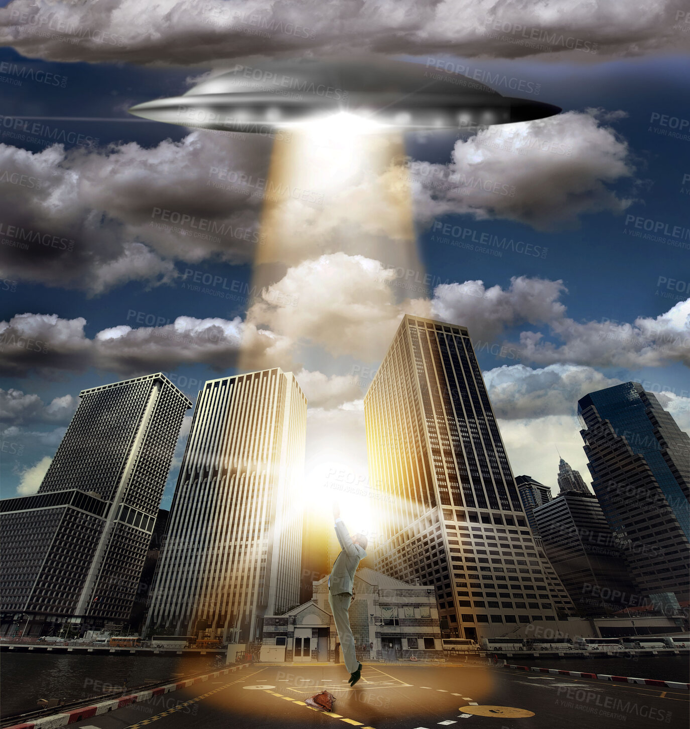 Buy stock photo UFO, spaceship and alien abduction in street, man victim and tractor beam for horror, search or light. UAP ship, flying saucer and lights in dark cityscape, metro or cbd for fantasy, flight or person